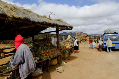 Pineapple sales along the road. It is warm enough for T-shirts for European tourists, but the locals are wearing warm hats.